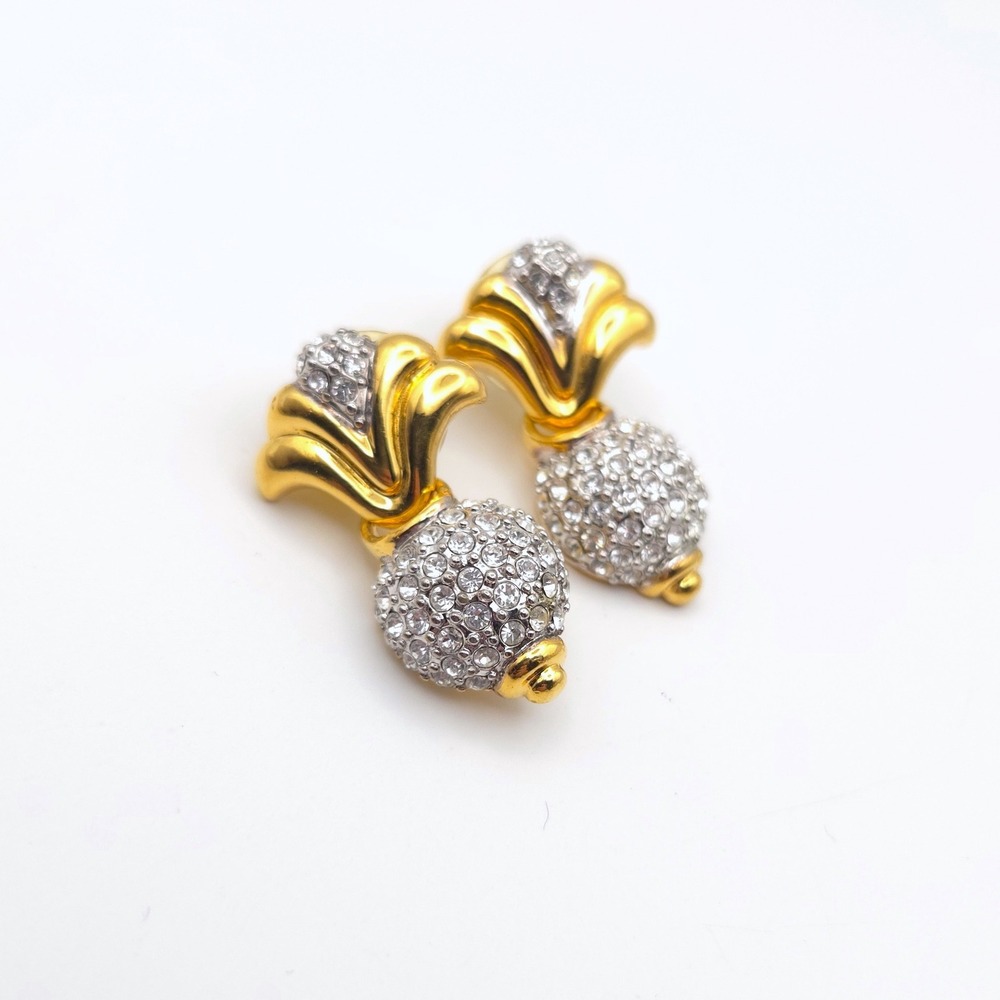 Vintage Gold Tone Pave Crystal Fan Drop Statement Earrings Clear Rhinestone